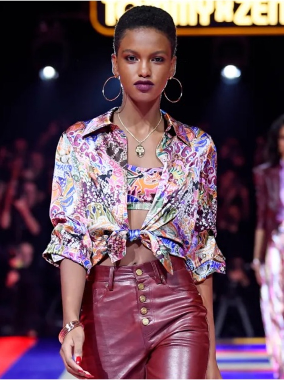 Zendaya & Hilfiger Zodiac Print Satin Button Up Shirt Blouse